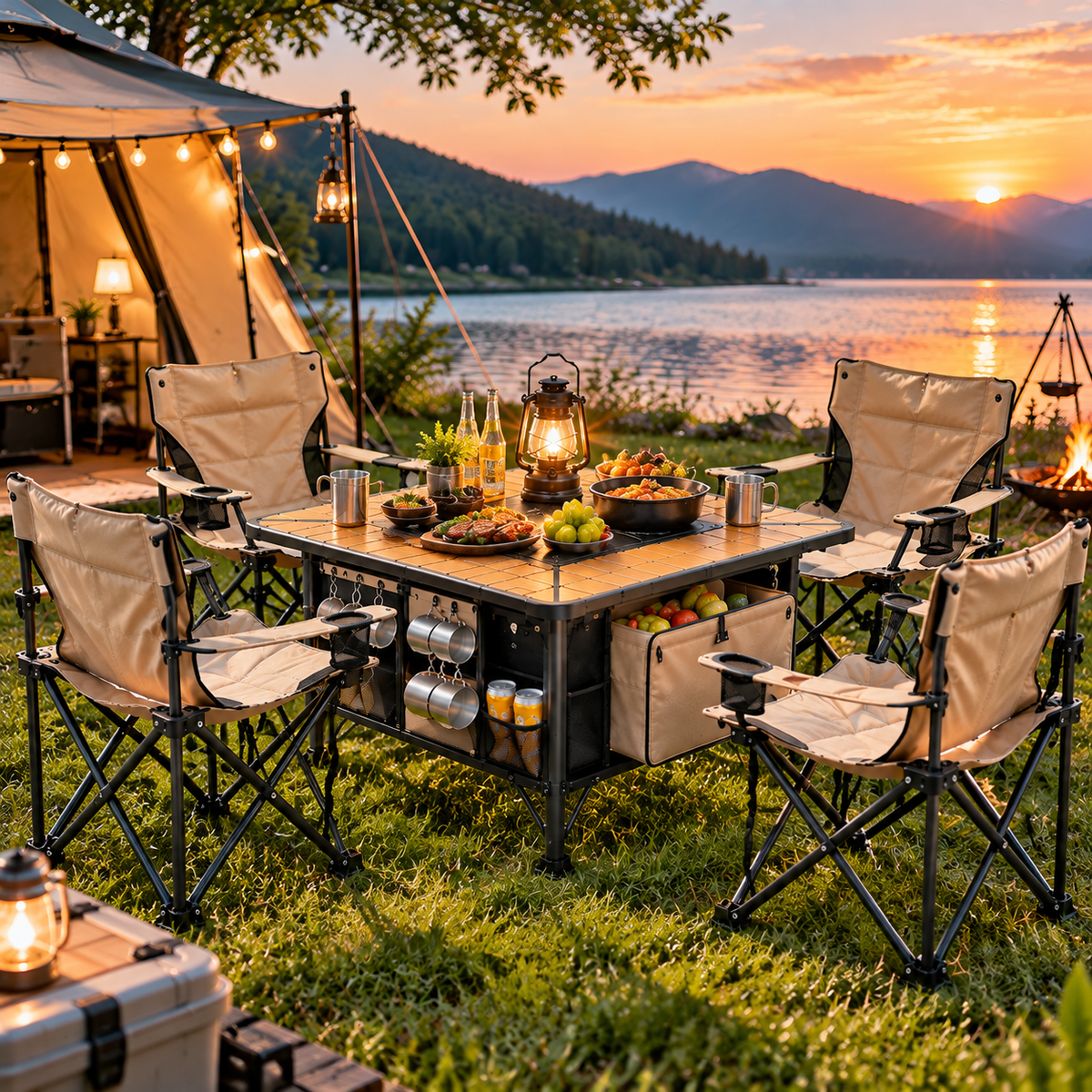 CALVORON® CampNest™ Premium 4-Person Folding Camping Table & Chair Set