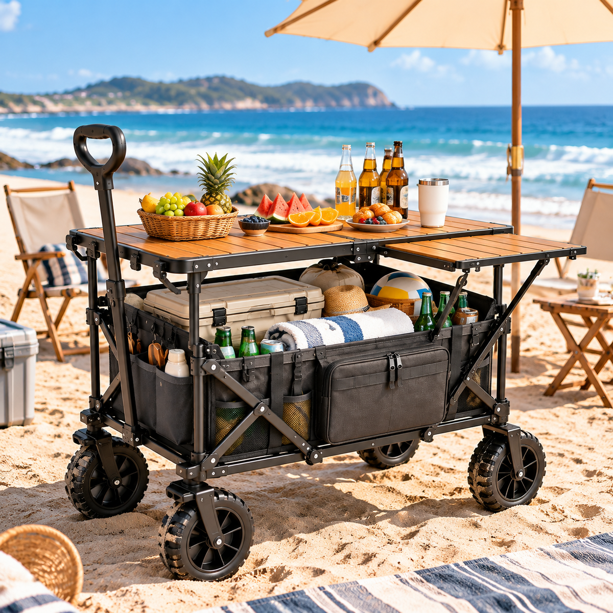 CALVORON® CampVault™ Premium Folding Outdoor Utility Cart Table With Storage